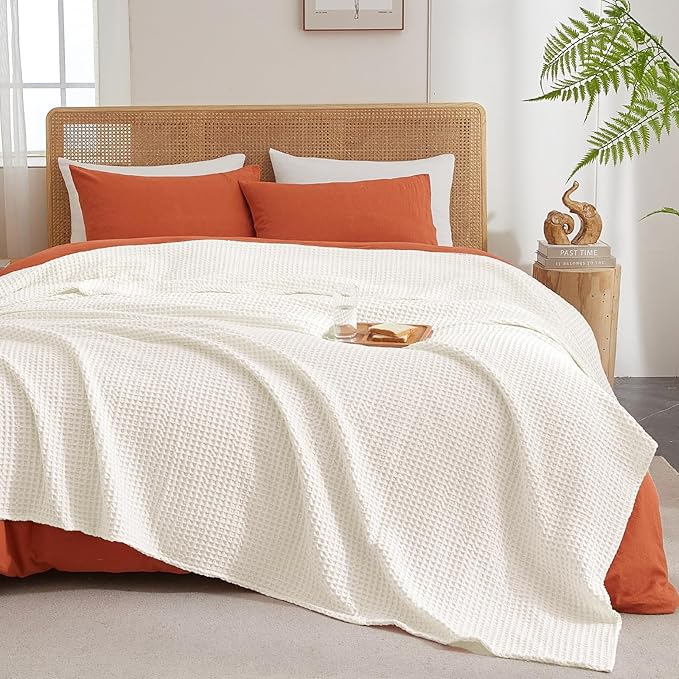 PHF Ultra Soft Waffle Weave Throw Blanket 50"x 60"- Washed Lightweight Breathable Cozy Woven Blanket for Bed - Aesthetic Decor for Couch Bedding Sofa Home Car - Coconut White
