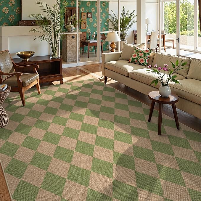 Lahome Checkered Dining Living Room Rug, 8x10 Washable Indoor Outdoor Easy Jute Rug, Farmhouse Neutral Diamond Non Slip Non Shedding Floor Carpet for Sunroom Deck Classroom Office