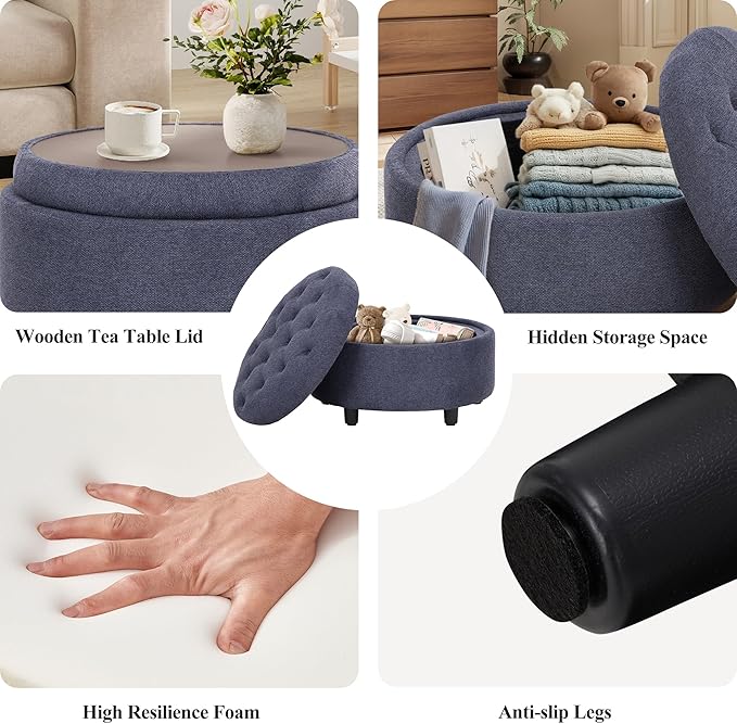 COLAMY Fabric Round Storage Ottoman with Reversible Tray Lid – Multi-Functional Footrest, Hidden Storage, Sturdy & Stylish Small Coffee Table for Living Room, Bedroom, or Entryway(Blue)