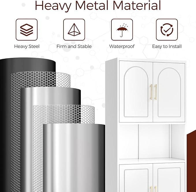 75" Tall Kitchen Pantry Storage Cabinet, Metal Storage Cabinets with 4 Doors and Adjustable Shelves，White Kitchen Hutch Cabinet with Microwave Stand, Large Cupboard for Dining Living Room