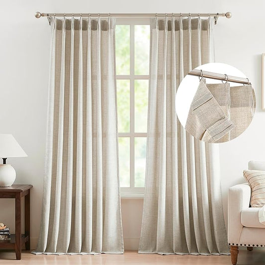 FMFUNCTEX Pinch Pleated Curtains 84 Inches Long for Living Room, Beige Semi Sheer Faux Linen Textured Pleat Drapes for Bedroom with Hooks, Light Filtering Neutral Farmhouse Window Drapes 2 Panels