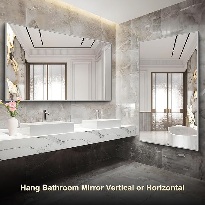 36x60inch Brushed Nickel Bathroom Mirror, Silver Rectangle Mirror with Frame, Large Rectangular Wall Mirrors for Bathroom, Living Roomm, Hair Salon, Big Mirror Hang Horizontal/Vertical