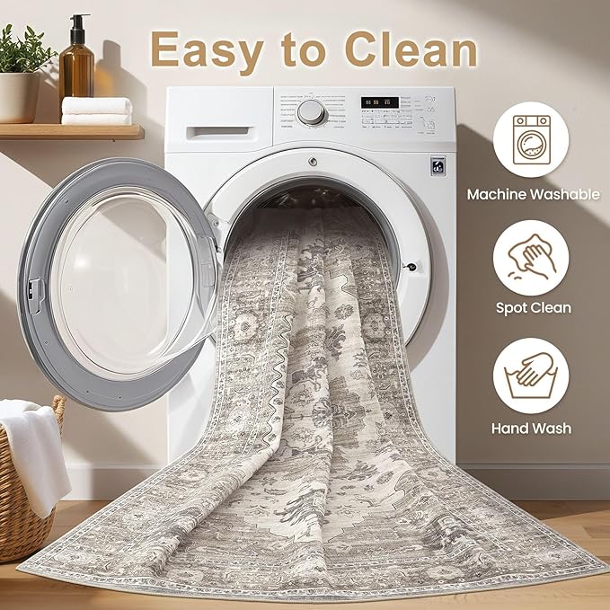 Washable Area Rugs for Living Room - 7x9 Neutral Vintage Distressed Floral Farmhouse Boho Large Soft Floor Rug Indoor Non Slip Carpet for Living Room Bedroom Dining Room Office -Brown/Beige