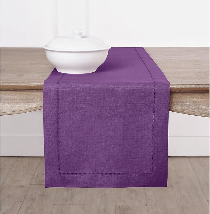 Solino Home Linen Purple Table Runner 60 Inches - Classic Hemstitch, 100% Pure Linen Coffee Table Runner 14 x 60 Inch Ideal for Dresser Tables - Fall, Autumn, Halloween, Thanksgiving