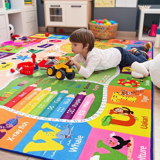 9x12 Washable Area Rug, Educational and Fun Kids Rug for Classroom Playroom Living Room Bedroom, Learning and Safe Playmat with ABC Alphabet Animals,Baby Toddler Children Play Mat
