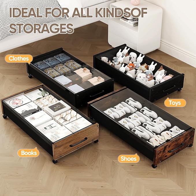 Wooden Under Bed Storage with Wheels, Rolling Under the Bed Storage Bins with Removable Lid, Metal Under Bed Drawers for Clothes and Shoes in Bedroom or Living Room(Black Wood-1pack)
