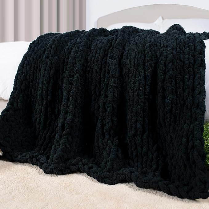 Carriediosa Chunky Knit Throw Blanket 50" X 60", 100% Hand Made Large Chenille Loop Yarn Soft Fluffy Throws for Couch Sofa Bed, Big Crochet Cozy Heavy Thick Cable Woven Blankets, Black