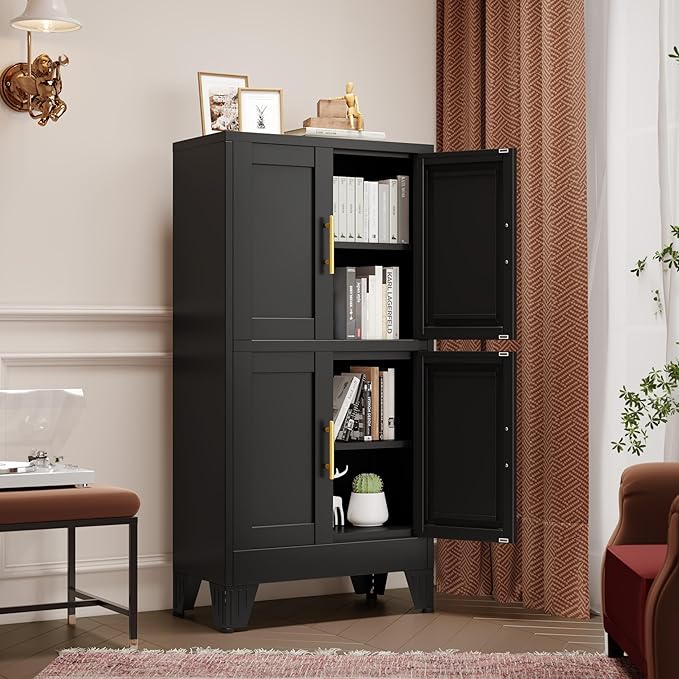 47.25" Metal Storage Cabinet, Black Kitchen Food Storage with 4 Door and 2 Adjustable Shelves, Freestanding Bathroom Cabinet, Pantry for Kitchen Dinning Room, Cupboard