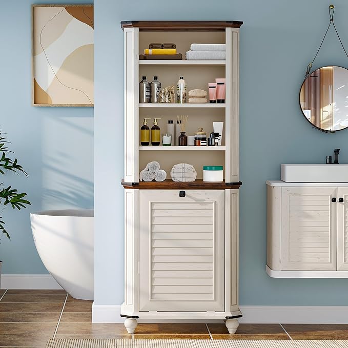 DWVO Tilt Out Laundry Hamper, Farmhouse 4-Tier Storage Cabinet with Removable Laundry Basket, Laundry Hamper Organizer with 2 Adjustable Shelves for Laundry Room, Bathroom, White