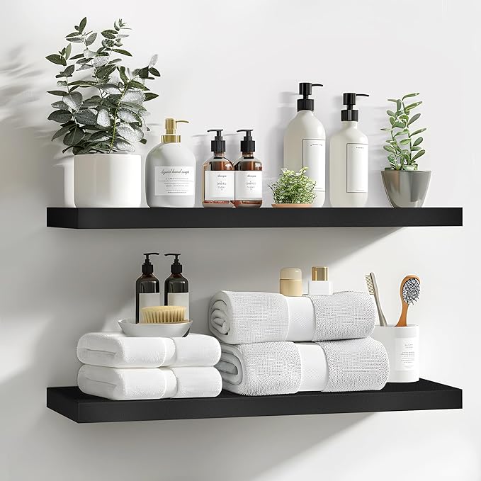 LaVie Home Floating Shelves, 24 Inch Wall Shelf Set of 2, Hanging Shelf with Invisible Brackets, Wall Decor for Bathroom, Bedroom, Living Room, Kitchen Storage, Classic Black
