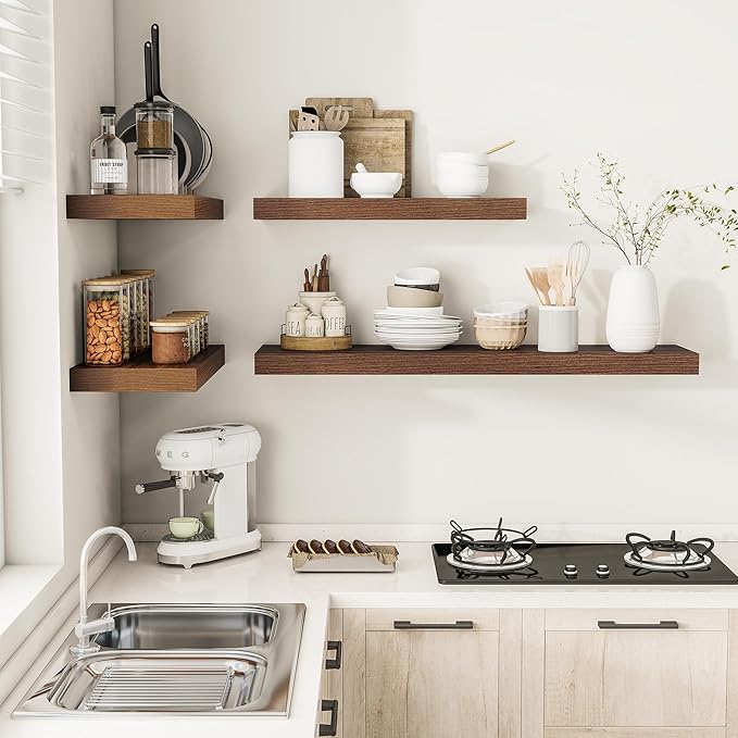 Wide Floating Shelves for Wall 12 Inch Deep, 36" X 12" X 2" Floating Shelf, 2 Inch Thick Shelf for Bathroom Bedroom Kitchen Book Room, Heavy Duty 65lbs Shelves for Farmhouse Decor Set of 2, Walnut