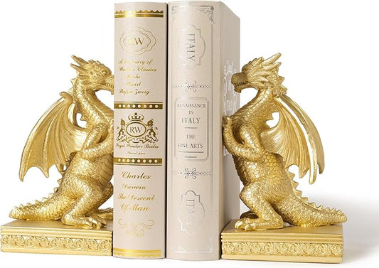 Dragon Statue Decorative Bookends for Shelves, Regal Gold Dragon Statue Home Office Decoration, Fantasy Dragon Figurine Enthusiasts Gifts