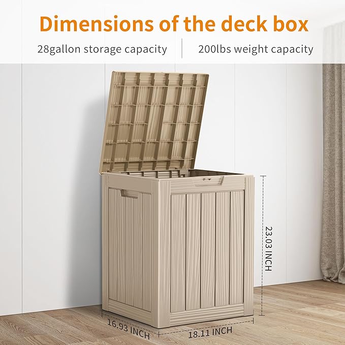 28 Gallon Deck Box Large Outdoor Storage for Patio Furniture,Outdoor Cushions,Garden Tools and Pool Supplies,Waterproof,Resin,Lockable(Grey)
