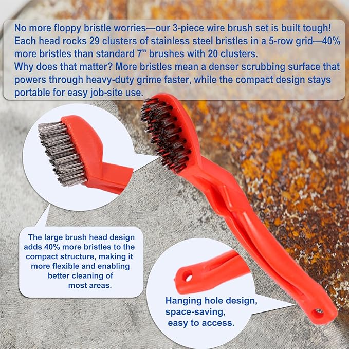 GOLDEN SMILE 3-Pack Heavy-Duty Stainless Steel Wire Brushes – 7" Ultra-Stiff 5x29 Grid (40% Denser Bristles) – Resists Bending, Rust & Grime Blaster for Industrial Cleaning