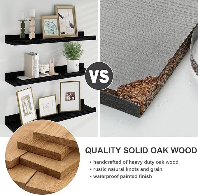 Floating Picture Ledge Shelves 72 Inch Solid Oak Wood Set of 2, Rustic Wall Storage Shelves with Lip, Kids Bookshelf, Photo & Picture Ledge Shelves for Bedroom, Living Room, Kitchen