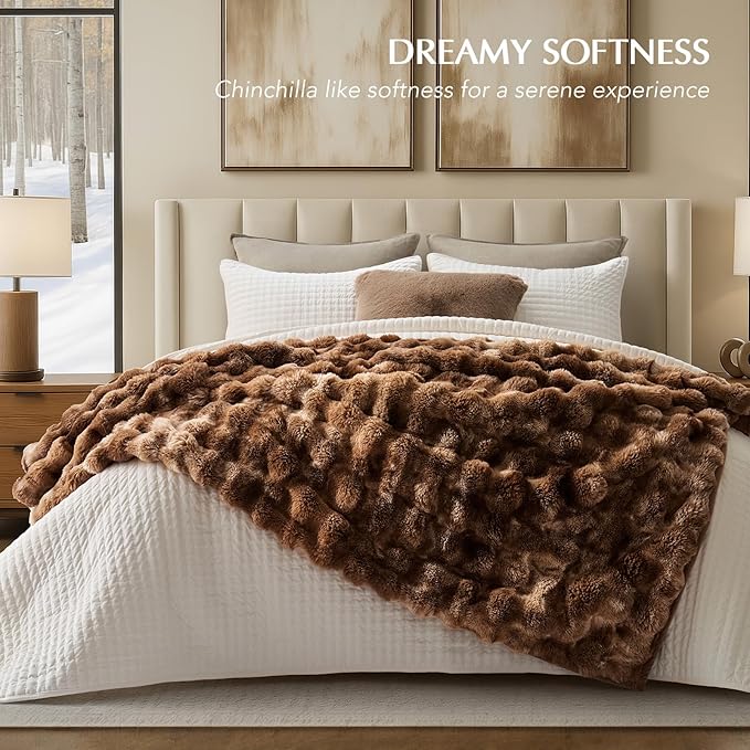 EVERGRACE Ultra Soft Luxury Fluffy Ridgeline Faux Rabbit Fur Throw Blanket, Thick Warm Bubble Throw for Bed, Cozy Plush Reversible Blankets for Couch, Chair, Sofa, Lion Caramel, 60x80 Inches, 870 GSM