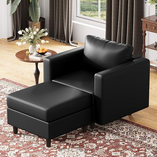 Faux Leather Single Sofa with Storage Ottoman, Modern Accent Chair Deep Seat Large Reading Armchair, Chaise Lounge Chair for Living Room Bedroom Office Black