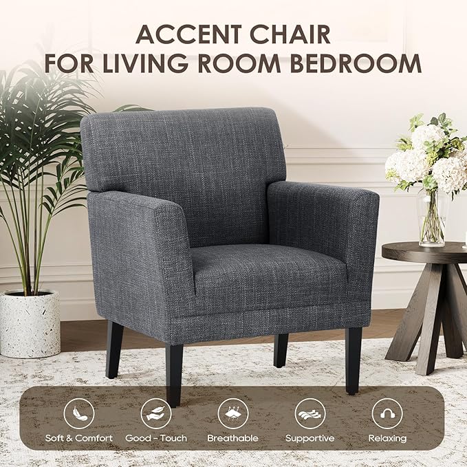 COLAMY Modern Accent Chair for Living Room, Upholstered Fabric Accent Armchair with Back, Soft Single Sofa Chair with Arms for Bedroom/Office/Reception Room, Dark Grey