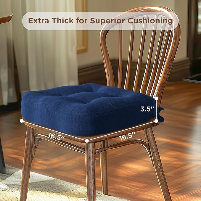 Codi 6 Pack Dining Chair Cushions, Thick Chairs Pads for Indoor Kitchen Room - Washable, Non-Slip Seat Cushion with Ties, 16.5"x16.5"x 3.5", Set of 6, Navy