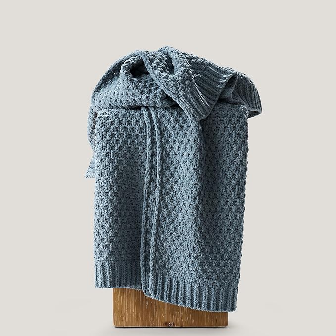 Chunky Chenille Knit Throw Blanket for Couch, Soft Luxurious Moss Stitch Blankets for Bed, Cozy Decorative Farmhouse Knitted Throws for Sofa, Stormy Blue, 60" x 80"