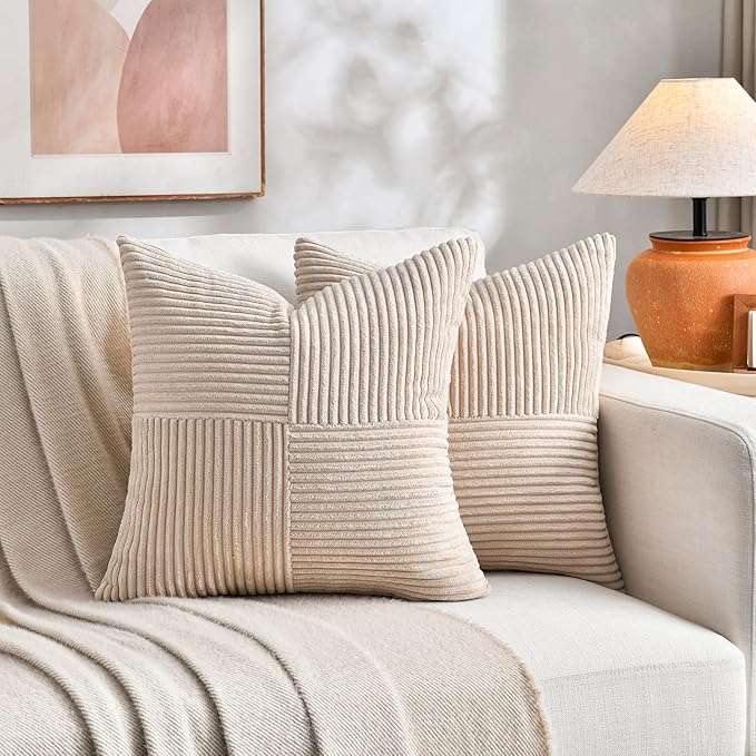 Fancy Homi 2 Packs Tan Samll Decorative Throw Pillow Covers 14x14 Inch with for Couch Bed Sofa, Rustic Farmhouse Boho Home Decor, Soft Corss Patchwork Corduroy Square Beige Cushion Case 35x35 cm