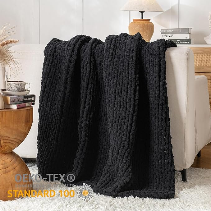 Chunky Knit Blanket Throw, 100% Hand Knit Throw Blanket Handmade Chenille Cable Knit Throw for Couch, Stylish Cozy Soft Rope Knot Crochet Blanket for Home Decor, Black, 50x60 Inches