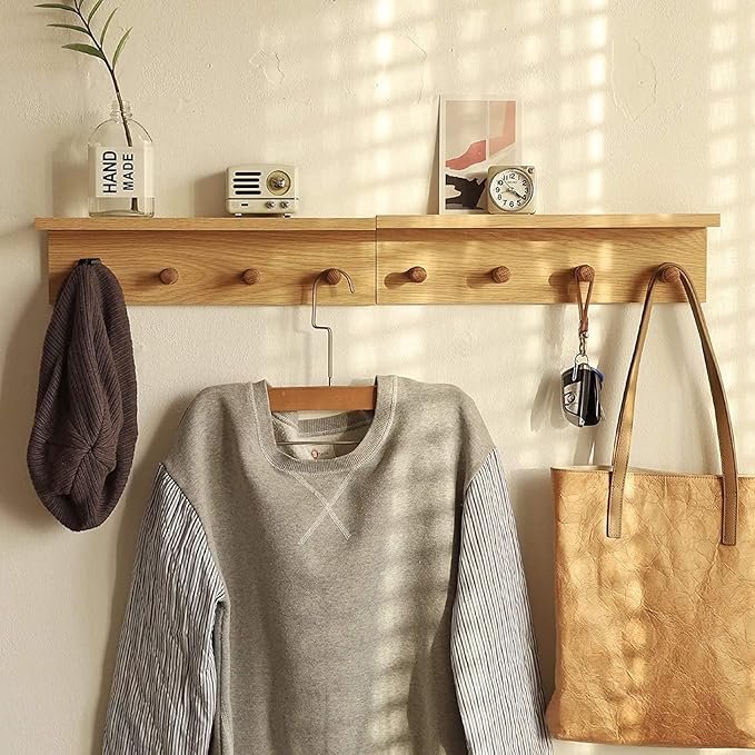 Entrance Coat Rack ，Coat Hooks, Wall-Mounted Wooden Hook Rack, Wall-Mounted Shelves are Very Suitable (Oak Colored Finish-1)