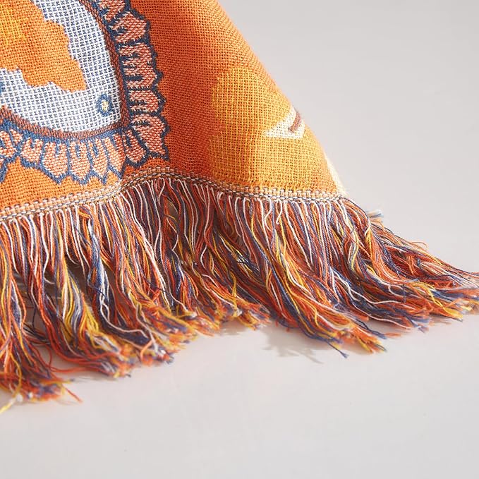 Boho Throw Blanket for Couch Sofa Bed, 100% Cotton Woven Quilt with Tassel 80”x90”, Super Soft Muslin Blanket with Oriental Universe Printed, Decorative Reversible Bed Blanket/Cover for All Seasons