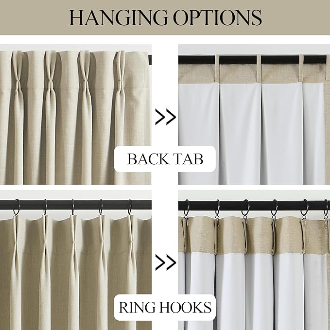 Vision Home Sand Pinch Pleated Full Blackout Curtains Linen Blended Room Darkening Window Curtains 95 inch for Living Room Bedroom Thermal Insulated Pinch Pleat Drapes with Hooks 2 Panel 40" Wx95 L