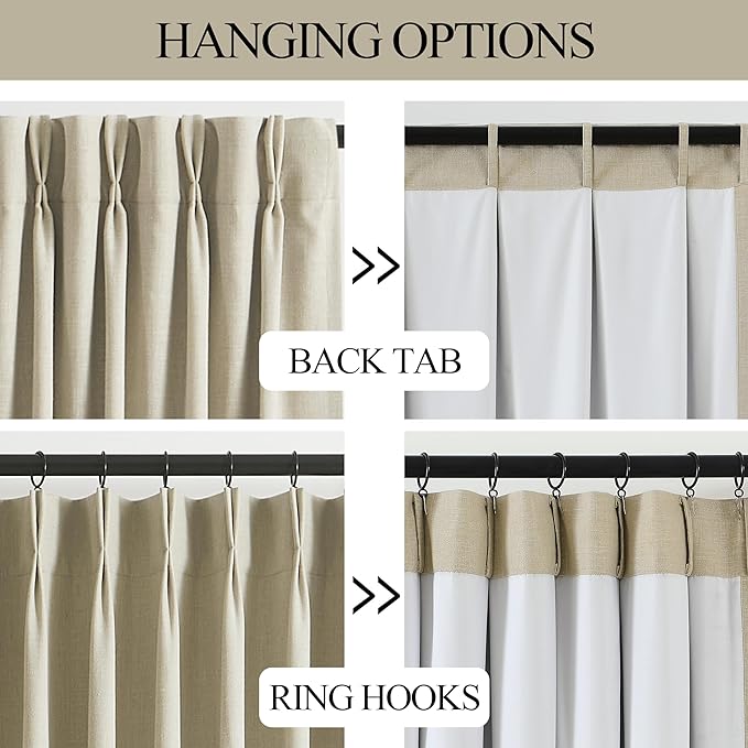 Vision Home Sand Pinch Pleated Full Blackout Curtains Linen Blended Room Darkening Window Curtains 90 inch for Living Room Bedroom Thermal Insulated Pinch Pleat Drapes with Hooks 2 Panel 40" Wx90 L