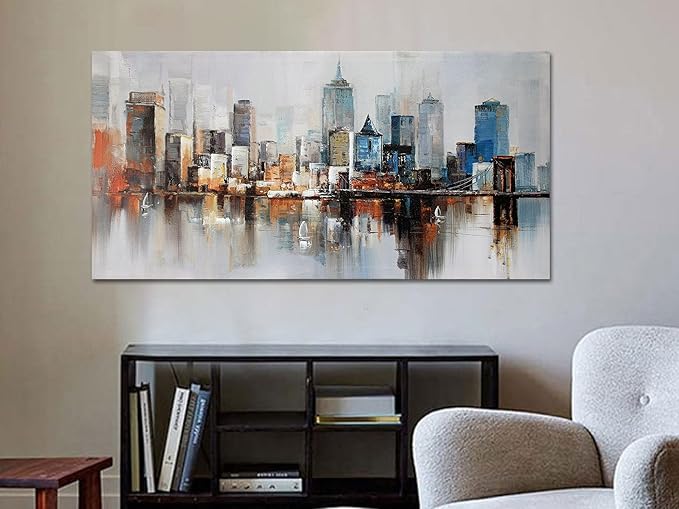 Arjun Brooklyn Bridge Wall Art Modern New York City Abstract Canvas Cityscape NY Painting Large Framed Colorful NYC Skyline Textured Picture for Living Room Bedroom Home Office Wall Decor, 48"x24"