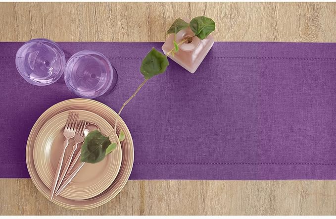Solino Home Linen Purple Table Runner 48 Inches - Classic Hemstitch, 100% Pure Linen Coffee Table Runner 14 x 48 Inch Ideal for Dresser Tables - Fall, Autumn, Halloween, Thanksgiving
