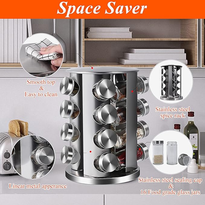 DOUBLE 2 C Revolving Countertop Spice Rack Stainless Steel Seasoning Storage Organization,Spice Carousel Tower for Kitchen Set of 16 Jars (16Jars)