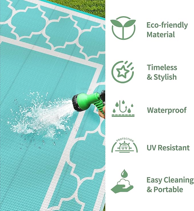 GENIMO 6' x 9' Outdoor Rug Waterproof for Patio Decor, Reversible Plastic Straw Area Mats Carpet for Camper Clearance, Outside Carpet for Rv, Deck, Porch, Beach, Balcony, Aqua Blue & White