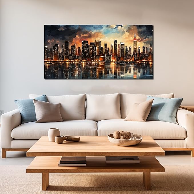 New York Skyline Wall Art for Living Room Modern Canvas Wall Art for Bedroom Above Bed Large Art Work for Office Walls 24 x 48 Inch