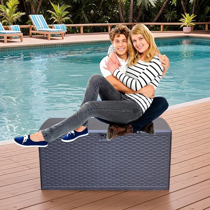 73 Gallon Large Storage Box with Lid,Waterproof Outdoor Storage Container for Patio Furniture Cushions, Gardening Tools, Pool Accessories, Lockable Resin Deck Box with handle Brown