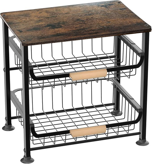 3-layer Kitchen Fruit Storage Basket Snack Rack, Countertop & Desktop Pull-out Metal Basket with Handle, Organizers