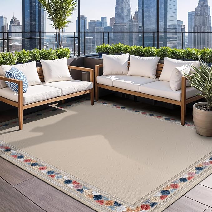 Beverly Rug Outdoor Rug 5x7 Modern Bordered Area Rugs for Indoor and Outdoor Patio Easy to Clean Non Shedding Living Room Porch Garden Washable Outside Carpet (5 x 7 Beige)
