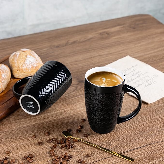 AmorArc Large Coffee Mugs Set of 6, 20oz Ceramic Tall Coffee Mugs Set with Textured Geometric Patterns for Latte/Tea/Beer/Hot Cocoa, Dishwasher & Microwave Safe, Black