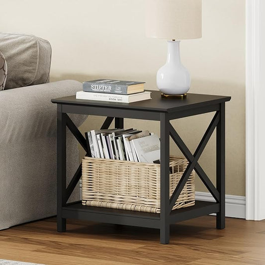 ChooChoo End Table, 24 Inch End Table with 2-Tier Storage Shelf, Side Table for Living Room, Wood Nightstand for Bedroom, Office, Painted Surface, Black