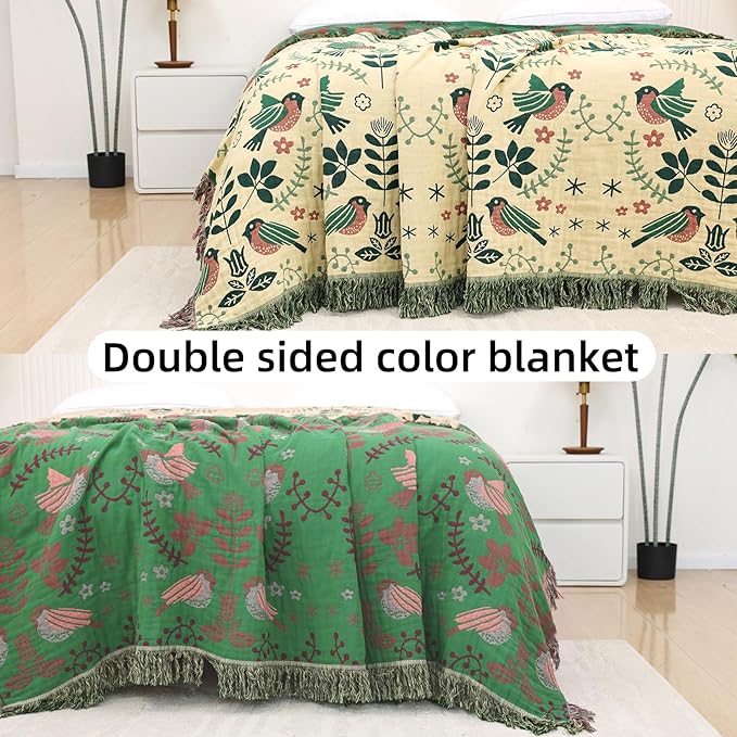 Boho Throw Blanket for Bed, 100% Pure Cotton Ultra Soft Rustic Quilt, Farmhouse Decor Bed Blankets, All Season Rustic Throw for Sofa Couch Chair(80''x 90'', Bird B)