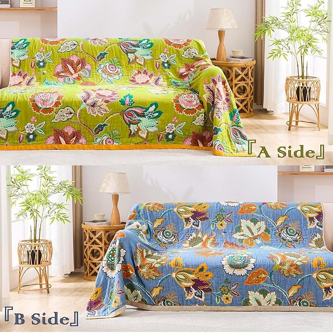 Fall Throw Blanket, 100% Cotton Soft Rustic Boho Throw Blanket for Bed, 60"x80" Farmhouse Decor Bed Flower Blankets, Light Weight Reversible Bohemian Throw Quilt