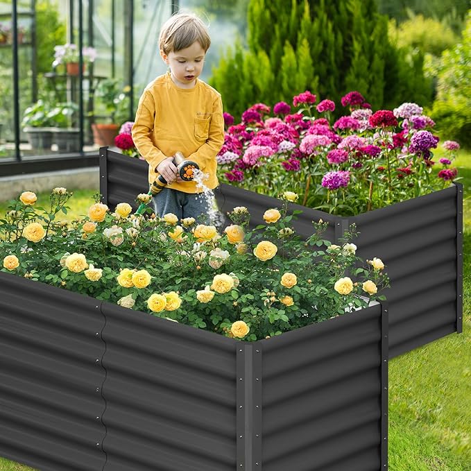 Galvanized Raised Garden Bed Outdoor, 2 Pcs 6x3x2FT Outdoor Large Planter Raised Beds Open Base with Safety Edge and Glove for Vegetables Flowers Ground Planter, Dark Gray