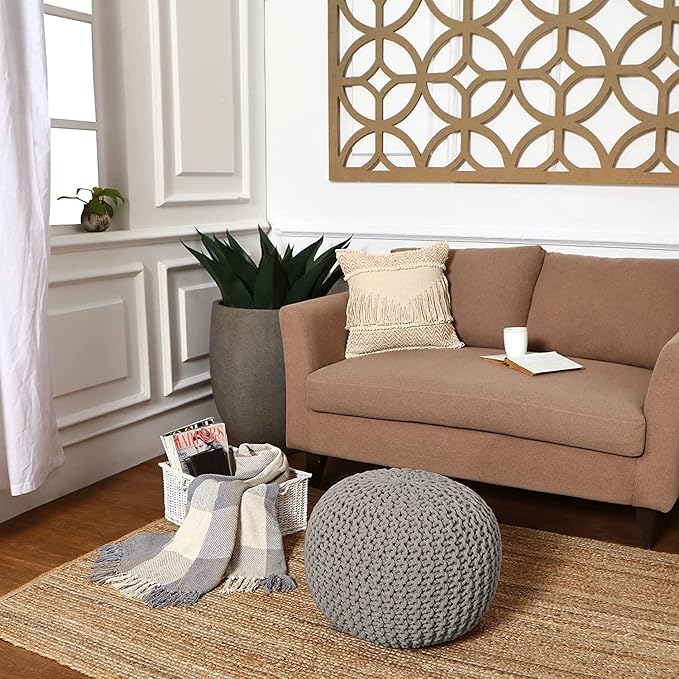 REDEARTH Round Boho Pouf Ottoman - Cable Knitted Cord Boho Pouffe - Stuffed Poof Accent Beanbag Footrest for Living Room - Nursery - Bedroom - Covered Patio - Study Nook (19.5"x19.5"x14") - Gray