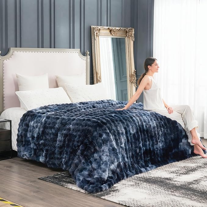 Cozy Bliss Faux Fur Throw Blanket for Couch, Fuzzy Soft Plush Thick Bubble Blanket for Sofa Bedroom Living Room, 108 * 90 Inches Tie Dye Blue