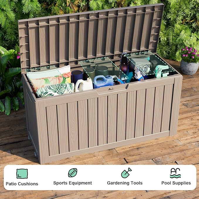 75 Gallon Resin Deck Box, Lockable Outdoor Storage Box for Patio Cushions Storage Furniture,Garden Tools, Pool Supplies, Weatherproof and UV Resistant (Grey)
