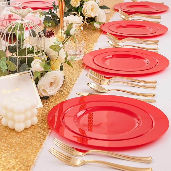 FLOWERCAT 60PCS Red Plastic Plates - Heavy Duty Red Plates Disposable for Party - Include 30PCS 10.25inch and 30PCS 7.5inch for 30 guests Party & Christmas & New Year