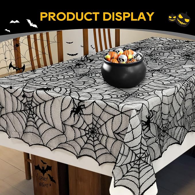 eZAKKA Halloween Table Cloth, 60"x104" Spider Webs Tablecloths Black Tablecloth Lace Fabric Table Cloths Spooky Table Cover for Rectangle Tables for Parties Gothic Halloween Home Decorations
