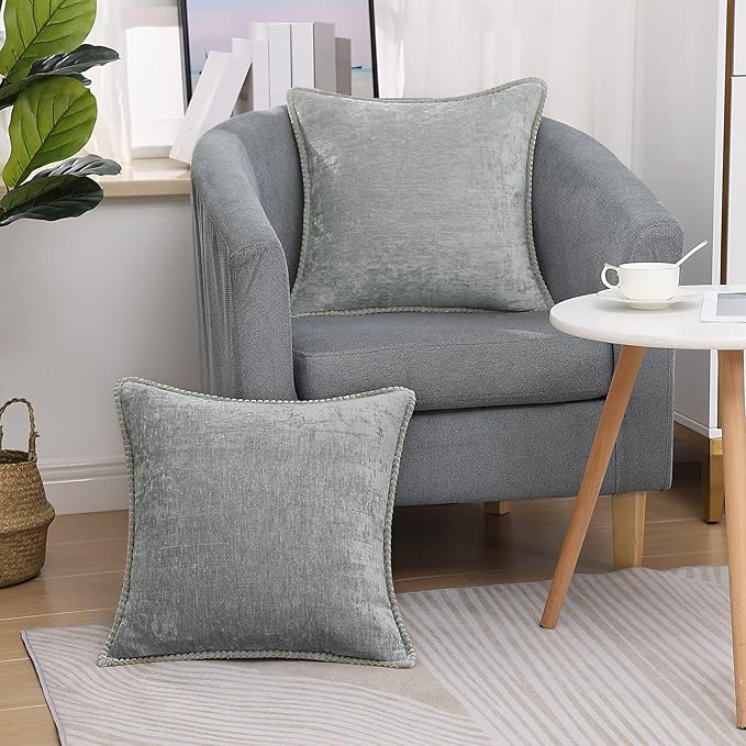 decorUhome Chenille Soft Throw Pillow Covers 18x18 Set of 2, Farmhouse Velvet Neutral Decorative Euro Pillow Covers with Stitched Edge for Couch Sofa Bed Home Decor, Neutral Gray