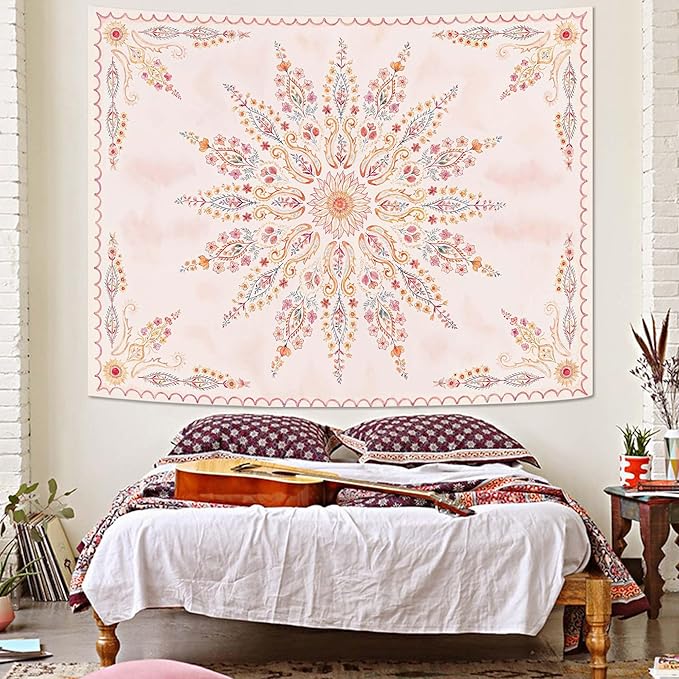 Fowocu Boho Floral Mandala Tapestry for Bedroom Aesthetic Pink Bohemian Flower Wall Tapestry Watercolor Hippie Indian Small Tapestries Wall Hanging for Living Room Dorm Decor 48 x 36 Inch